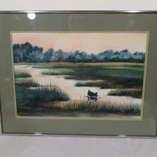Landscape Boat in estuary Jill Musser Original Painting Watercolor Acrylic