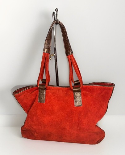 Claudia Firenze Italy Suede Shoulder Handbag Red Brown Pebbled Leather Trim - Picture 4 of 15