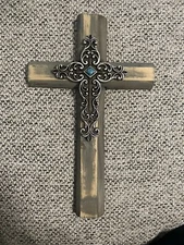 10” distressed wood cross teal rock wall hang decor Rustic home