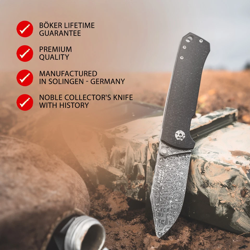 Cuchillo de Bolsillo BOKER® Tiger Damast 3.35" Hoja Damasco Mango Micarta - 111103DAM Foto 2 de 4
