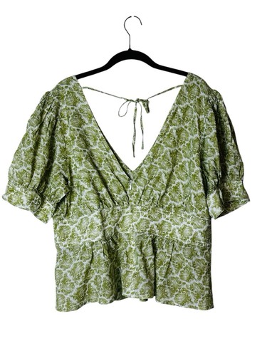 Camicetta donna J Crew manica a sbuffo bianca verde paisley boho cottage taglia large - Foto 10 di 10