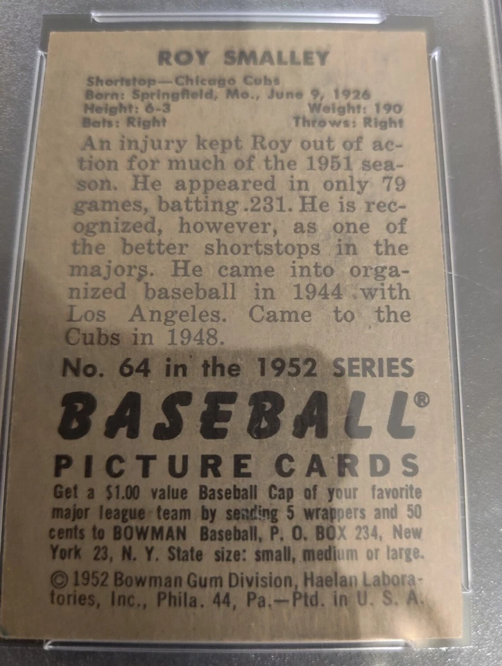 1952 Bowman #64 Roy Smalley III autografado PSA/DNA autêntico apenas POP 2 Chicago Cubs - Imagem 4 de 4