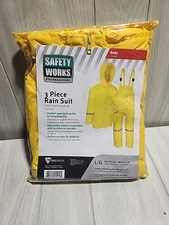 Safety Works Rain Suit Professional 3 Piece Yellow Jacket Bib and Hood Large