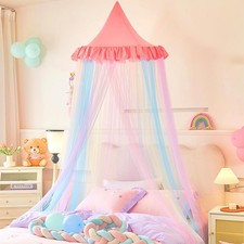Kids Bed Canopy, Rainbow Mesh Canopy with Lace Dustproof Roof Princess Mosqui...