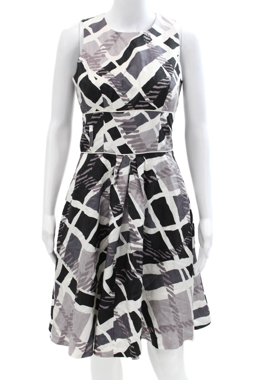 Badgley Mischka Womens Geometric Print Sleeveless A Line Dress White Grey Size 4Free Shipping in US $100+ Orders | $6.95 Orders Below