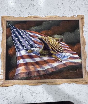 ERNESTO SANCHEZ NATIVE AMERICAN & EAGLE FRAMED SIGNED VELVET PAINTING  22x18 BH