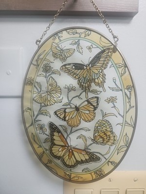 Amia Hand Painted Suncatcher Glass Butterflies/Flower 8.5in Long Yellow 