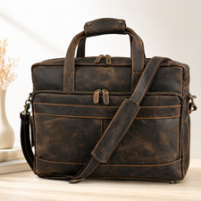 Premium 16" Leather Messenger Briefcase Laptop Bag with Multiple Compartments