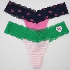 2 NEW Victoria's Secret VTG 2022 Logo Cotton Lace Thong Panty LOT SMALL