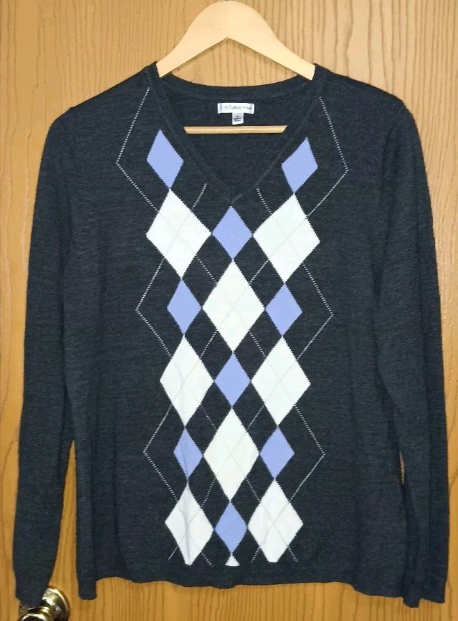 Croft & Barrow Sweater Womens Size XL Vneck Gray & Purple Argyle Print Long...