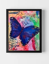 GUAJARDO Original Expressionism Neon Blue Morpho 14X11 Canvas Signed Art
