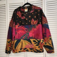 Farm Rio Patchwork Sweatshirt S Bird Floral Stars Colorblock Oversized Fall vibe