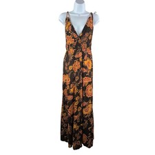 Patrons of Peace Brown Floral tropical Maxi Dress Smocked Bodice beach sz S