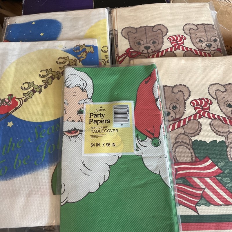 5 Vintage NOS  Paper Table Cover Christmas 54 x 96 Inch Rectangle; Santa, bears