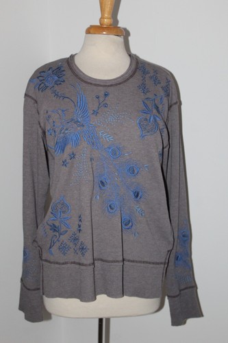 Johnny Was Biya JWLA Thermo Waffel bestickt Langarm Oberteil Pullover grau M