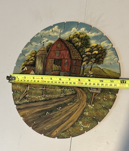 Scena da fienile con lama segata 12" dipinta a mano da M. Gould - arte rustica della fattoria - Foto 11 di 12