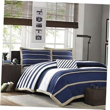 - Ashton - Comforter Set - Navy - - Striped Full/Queen Ashton Khaki/Navy
