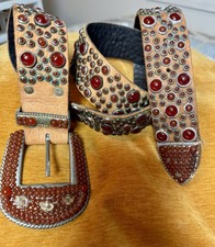 RN Design Vtg Women Studded Leather Belt Glass beads Lg. Stunning Handmade USA
