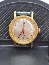 Timex Gold Tone Manual Wind Date Watch Black & Gold Dial Red Seconds Hand S1