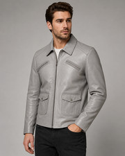 Men's Light Gray Leather Jacket with Zip Chest and Flap Pockets