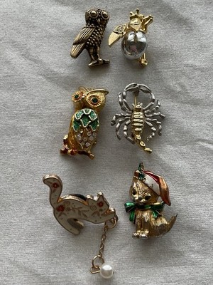 Vintage Lot Of 6 Brooch Pins Cat Owl Lobster Insect Estate Jewelry Small Dainty