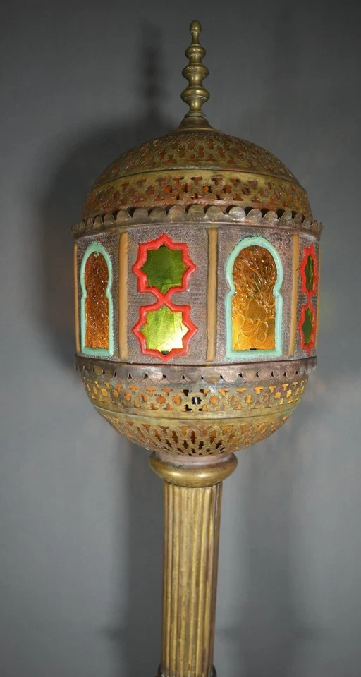 Antique Islamic Filigree Brass Floor Lamp Ornate Pierced Dome 62" Tall 1930s - Image 2 of 4