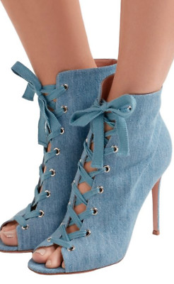 NIB, GIANVITTO ROSSI Lace-Up Denim Stonewash Peep Toe Booties,sz.38.5(US 8)