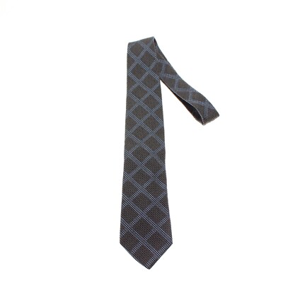Dion NWT Neck Tie in Gray/Black/Blue Check Plaid Silk/Wool Blend Made in Canada