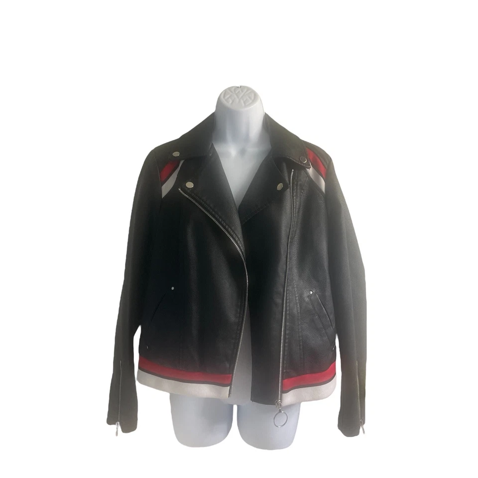 Chaqueta de moto INC International Concepts imitación cuero rojo blanco ribete pequeña Foto 2 de 4