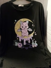 ROMWE Kawaii Graphic Oversized Tee Black Pastel Goth Cat Halloween Witchy US XL