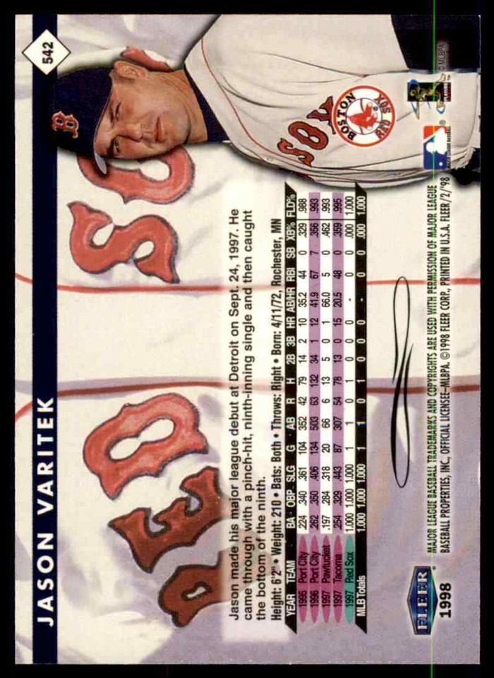1998 FLEER TRADITION JASON VARITEK ROOKIE BOSTON RED SOX 542