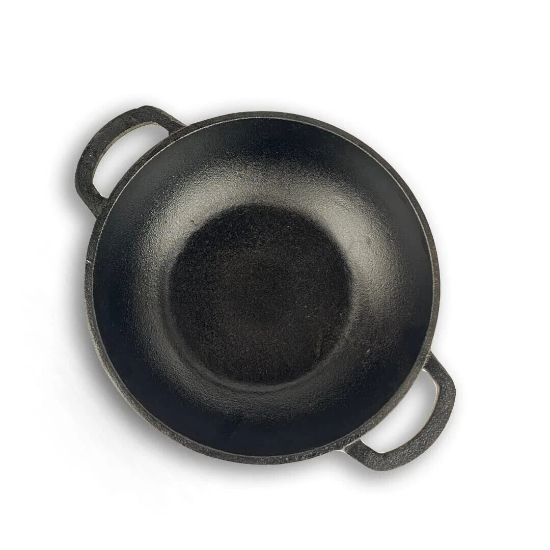 Indian Handmade Cast Iron Kadai Wok For Cooking and deep Frying Flat Handle 10''