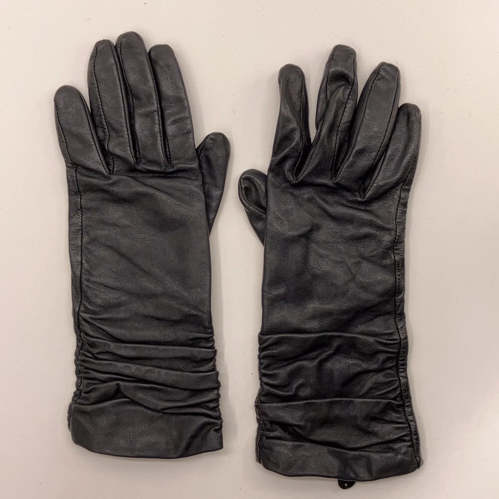 Retro Black Leather Mid Cuff Winter Gloves Ruffle