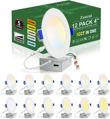 12 Pack 4 Inch 5CCT Ultra-Thin LED Recessed Ceiling Light with Junction Box, 270