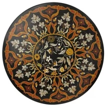 15" Round Black Marble Coffee Table Top Gemstones Inlay Garden Table Top Decors