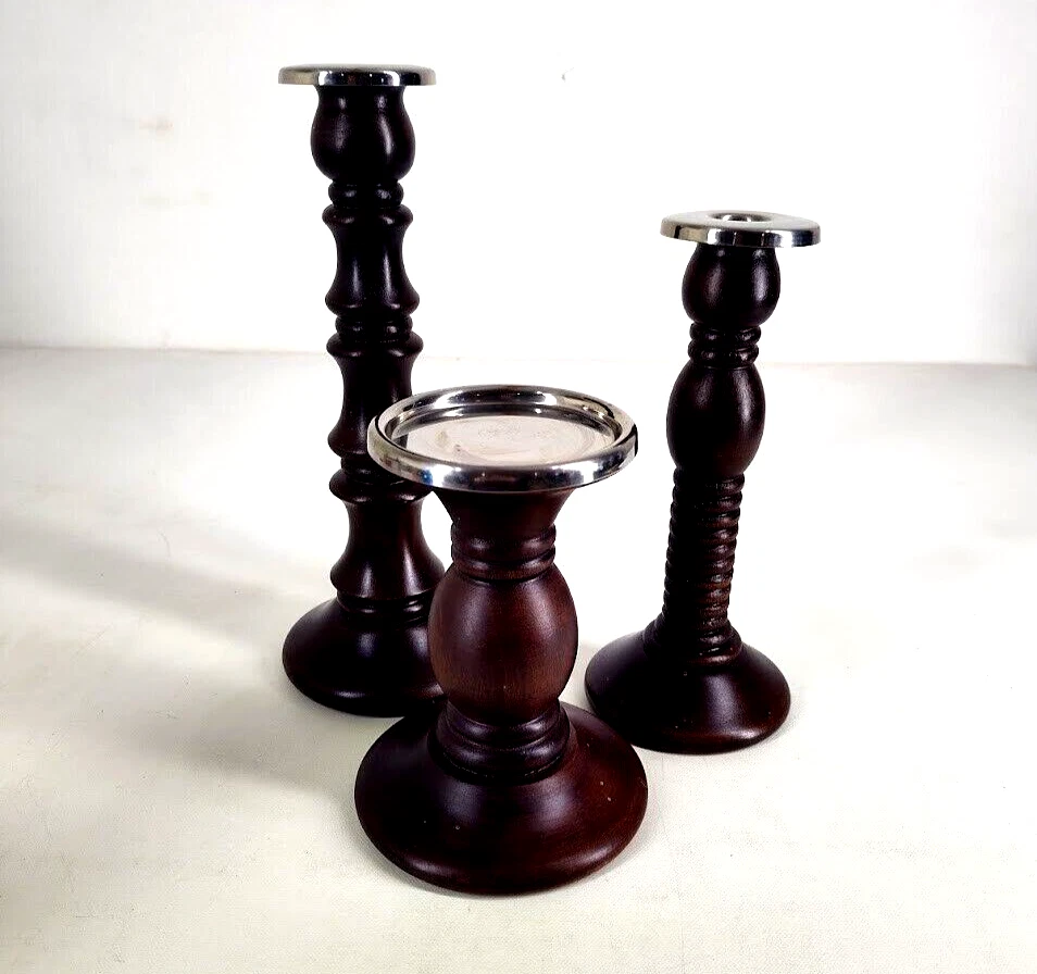 Juego de 3 piezas candelabros de madera oscura Ikea candelabros antorcha y columna de llama Foto 4 de 4