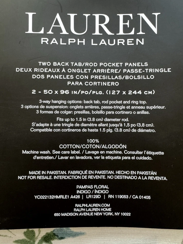 Ralph Lauren Floral Cortina Ventana Paneles Cortina Pampa Fluido Aireado Conjunto de 2 50x96 Foto 4 de 4