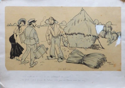 Dessin original de Pierre FALKÉ humour Peintre campagne meule de foin v. 1910 - Photo 1/3
