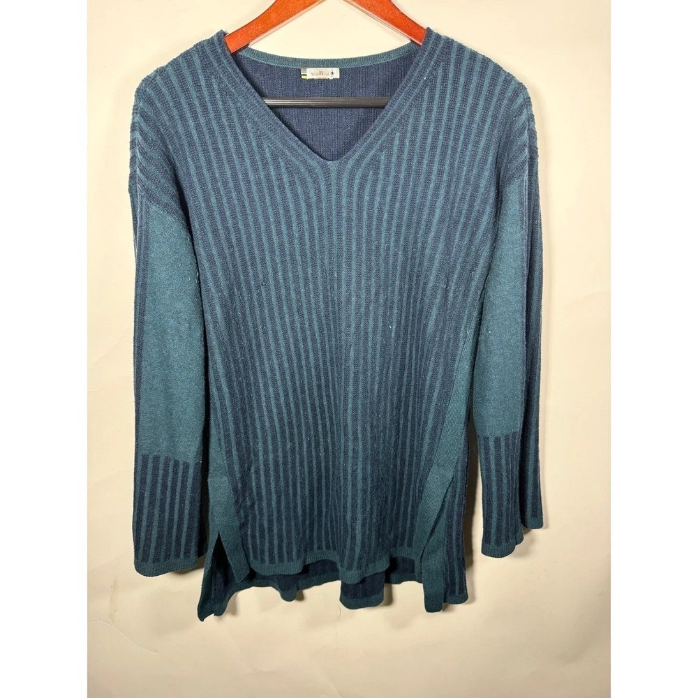S.Woolf Mens Striped V Neck Long Sleeve Sweater Blue Teal Size M