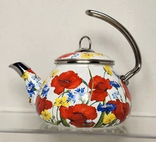 Crofton Red Poppy Enamel Metal Tea Kettle 2.3 Qt Hook Handle Lid Decorative