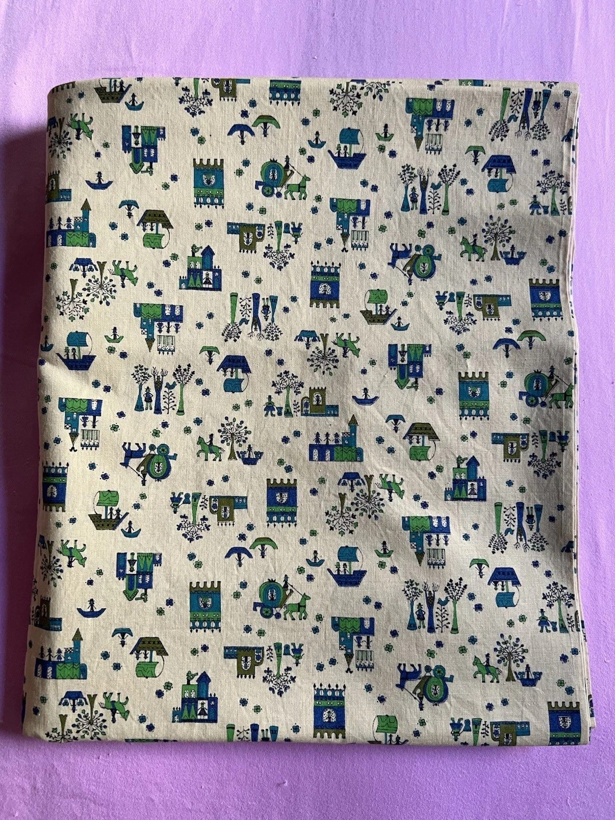 Vintage Tan Blue Green Villages Fairytale Cotton Print Fabric 2 yards + 24” x 42 image 2