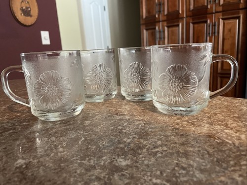 4 VTG KIG Malaysia Frosted Coffee Tea Mugs Cup Raised Polynesian Hibiscus Flower - Picture 4 of 12