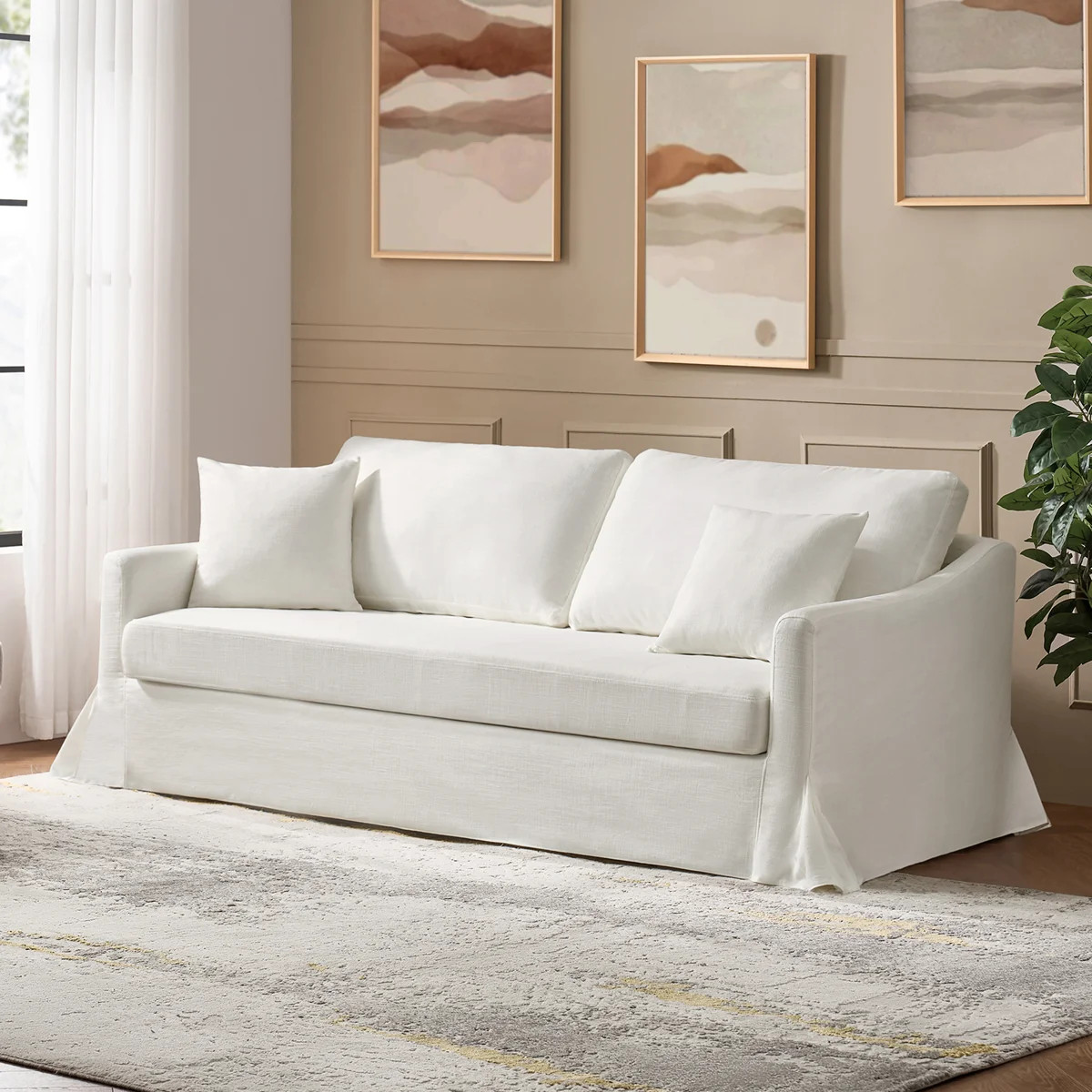 80.5 Inch White Slipcovered Sofa with Square Arms, 3-Seat