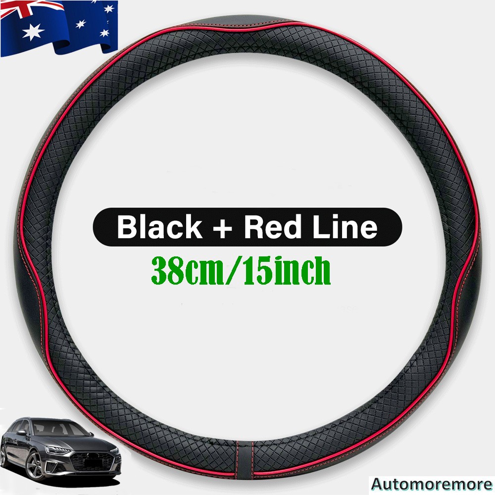 Leather Car Steering Wheel Cover for Tesla 38cm Safety Full Surround Black & Red