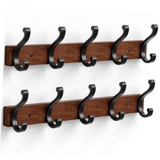 Solid Wood Wall Mounted Coat Rack, Heavy Duty 5 Hook Wooden Hanger. 2 Pack