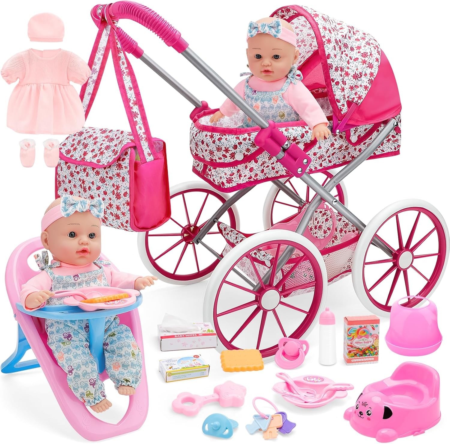 Baby Doll Stroller Set T for Toddler Girls 3-7 12 Inch Baby Doll Accessories Pre