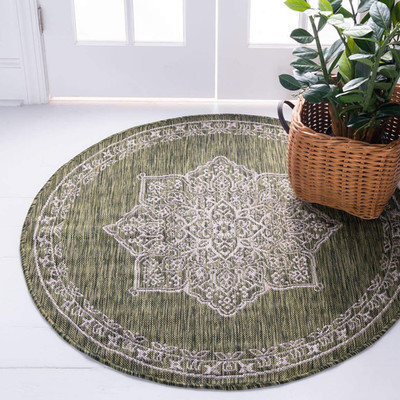 Outdoor Traditional Collection Area Rug - Antique (4' 1'' Round, Green/ Gray)