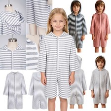 Kids Boys Girls Special Needs Striped Hooded Jumpsuit Adaptive Striped Bodysuit