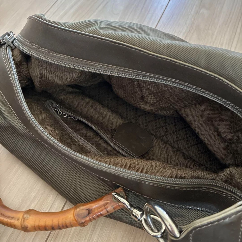 GUCCI Bolso de Mano Bolso de Bambú Vintage Nylon Cuero Kahki USADO Auténtico #S2804 Foto 2 de 4