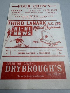 61/62 Third Lanark V Rangers Scottish Football Programme